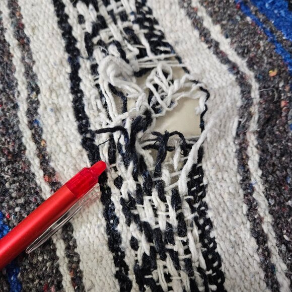 Vint Mexican Blanket Throw Baja Falsa Southwest Blue White Black Stripe 70"x48" - Picture 7 of 10